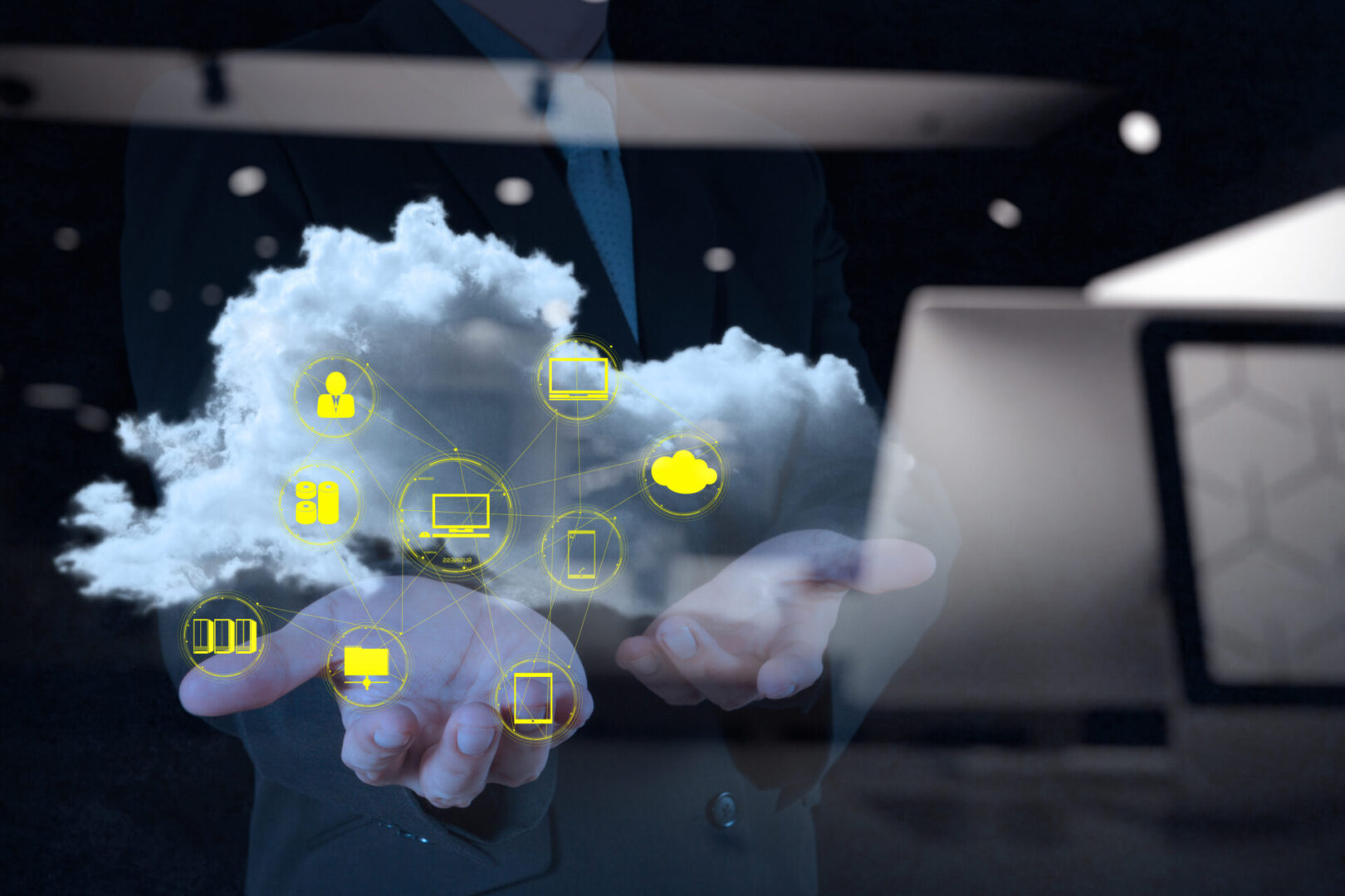 double exposure of Businessman hand working with a Cloud Computing diagram on the new computer interface